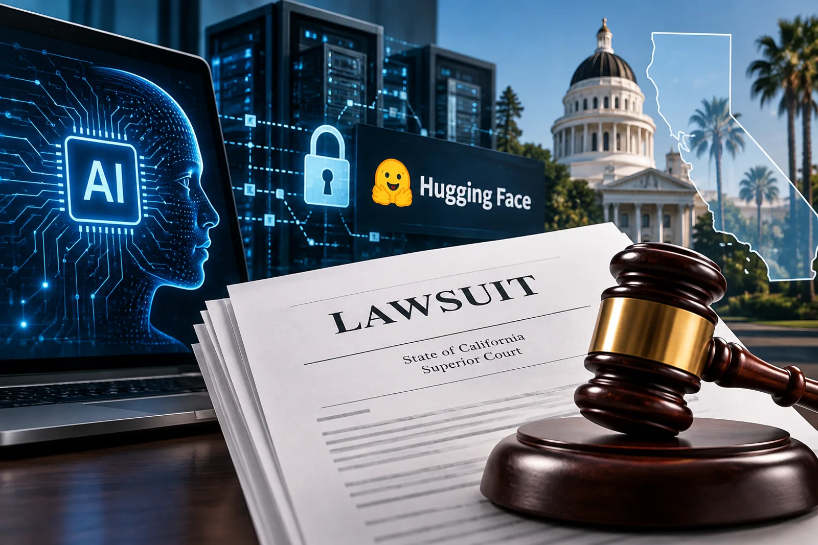 Editorial illustration of artificial intelligence, cybersecurity infrastructure, and a California lawsuit concerning autonomous AI-agent liability.
