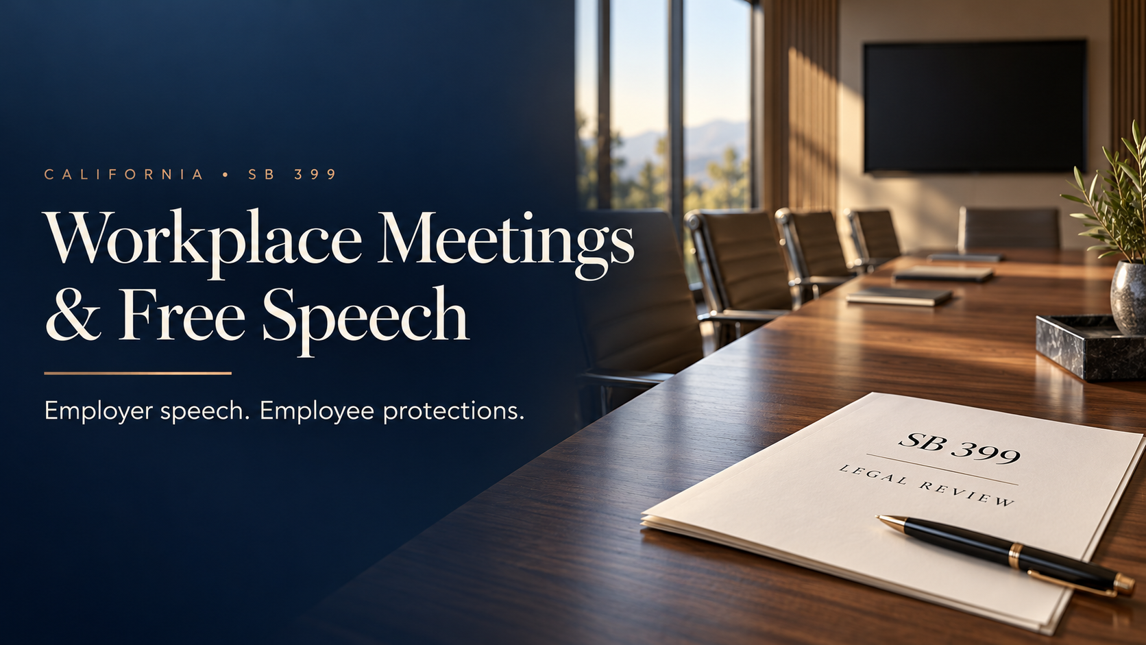 Conference room and SB 399 legal document illustrating employer speech and employee protections in California workplace meetings.