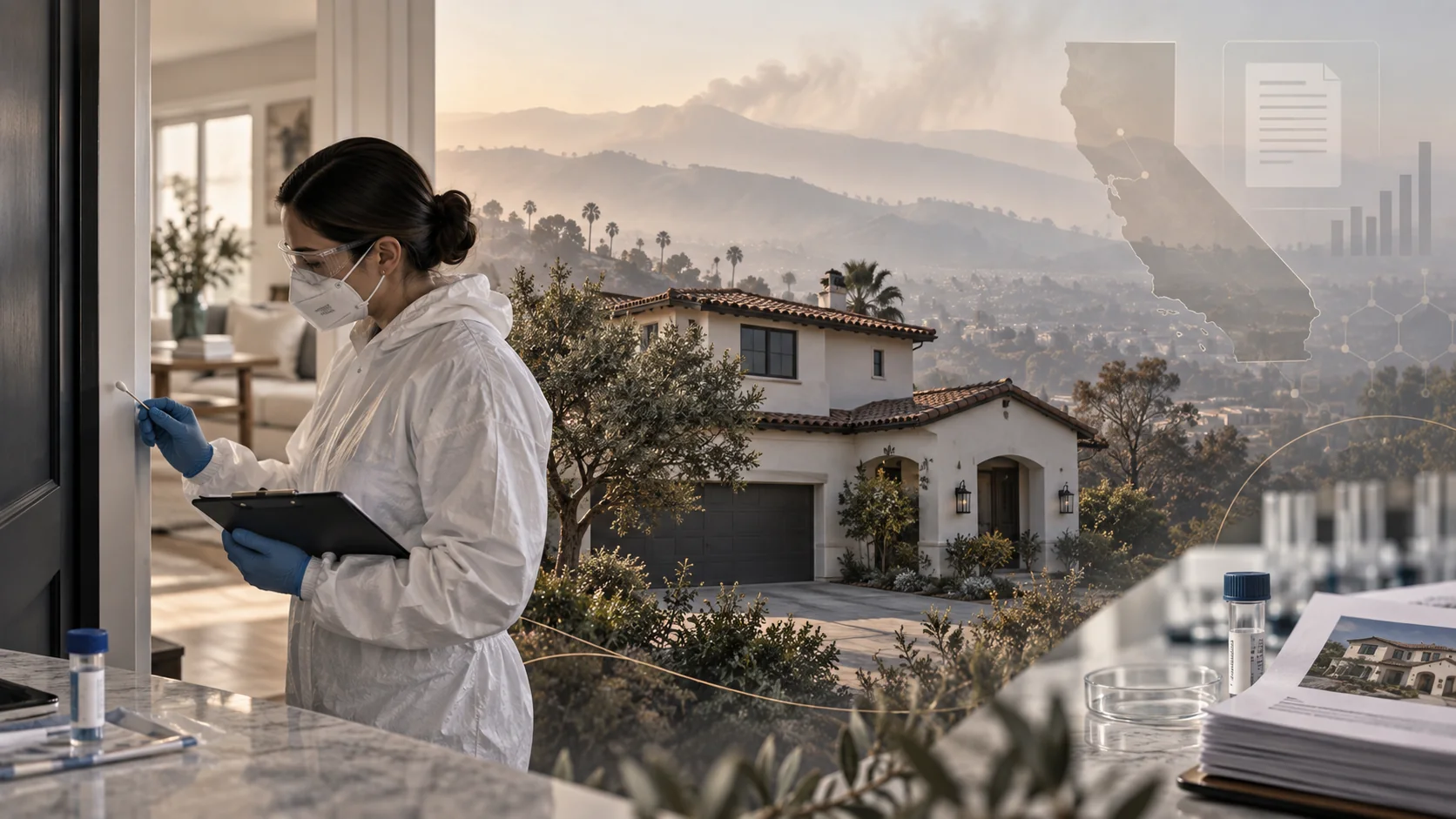 Environmental technician testing a standing Southern California home for possible wildfire smoke contamination.