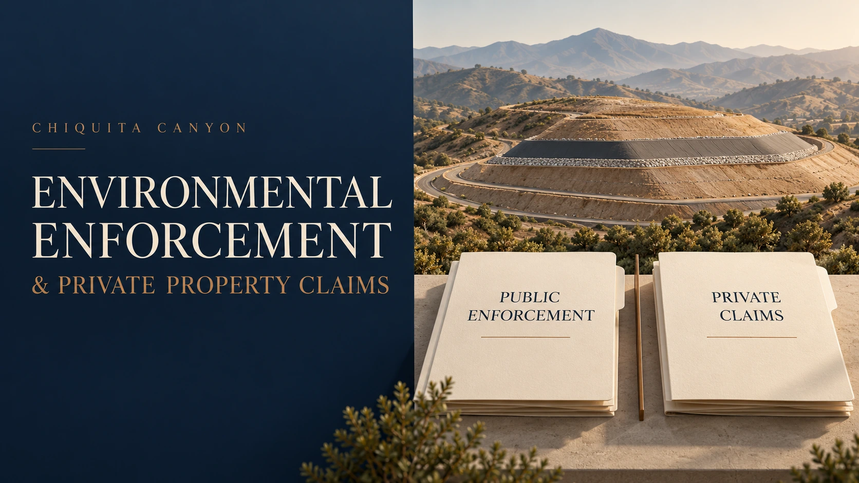 Conceptual landfill landscape with separate folders for public enforcement and private claims.