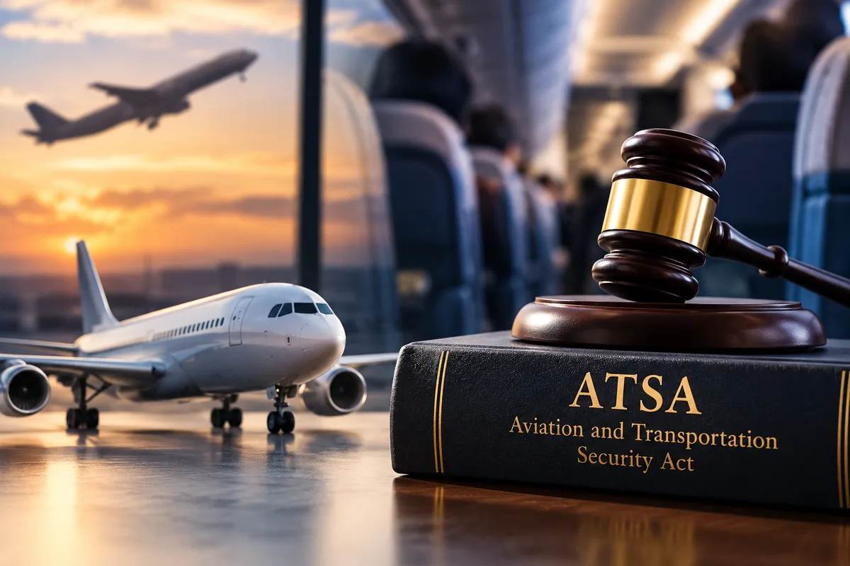Editorial illustration of an airplane, courtroom gavel, and Aviation and Transportation Security Act representing the Ninth Circuit's Bandary v. Delta airline-immunity decision.