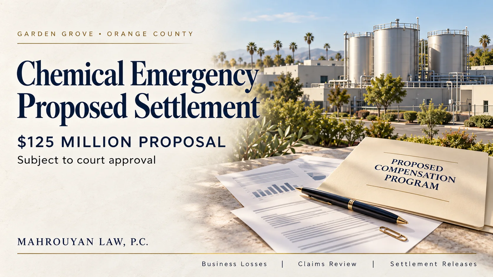 Editorial illustration of generic industrial tanks and proposed compensation-program documents for a Garden Grove settlement article.