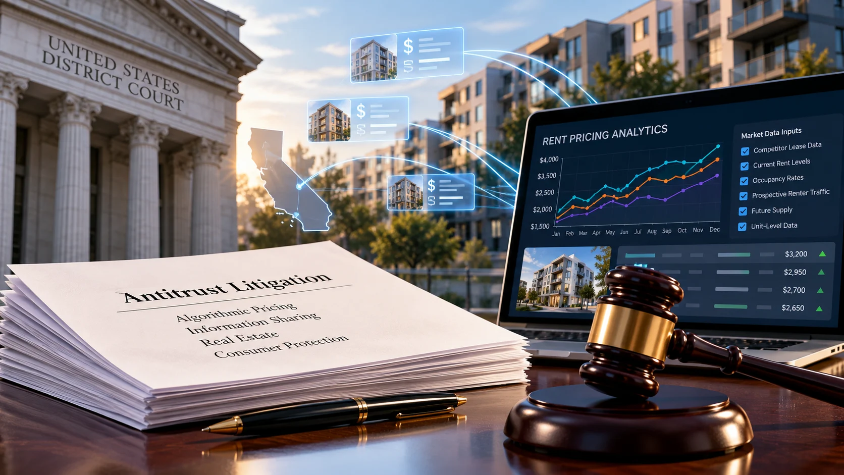 Apartment buildings sharing rental-market data with an algorithmic pricing platform in a RealPage antitrust illustration