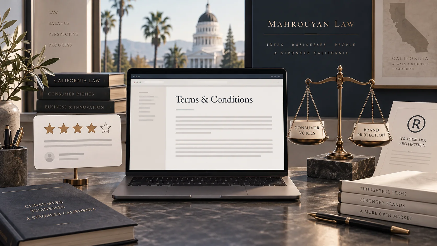 Laptop displaying website terms beside a customer-review panel and trademark-protection imagery, illustrating California consumer-review law.