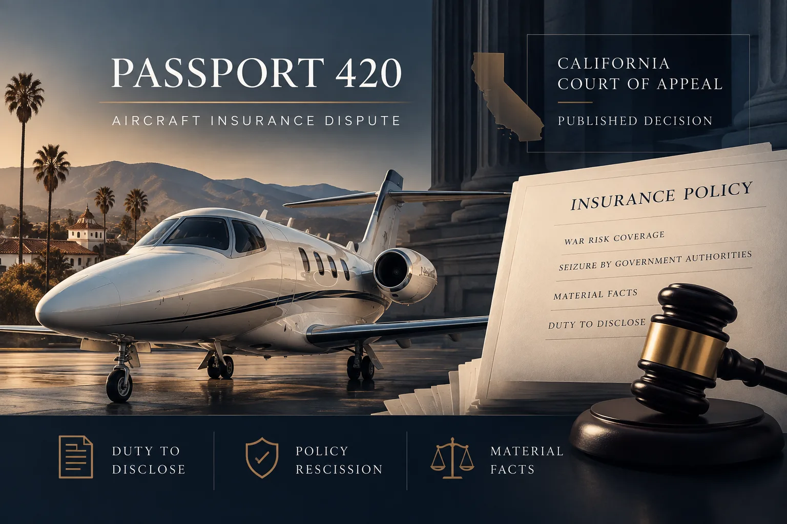 California insurance-law illustration showing an aircraft, insurance policy, material facts, duty to disclose, and policy rescission in Passport 420 v. Starr.