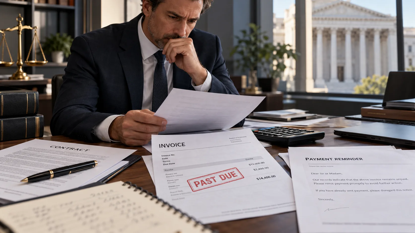 Illustrative commercial collection dispute featuring an overdue invoice, business records, and contractual documents.