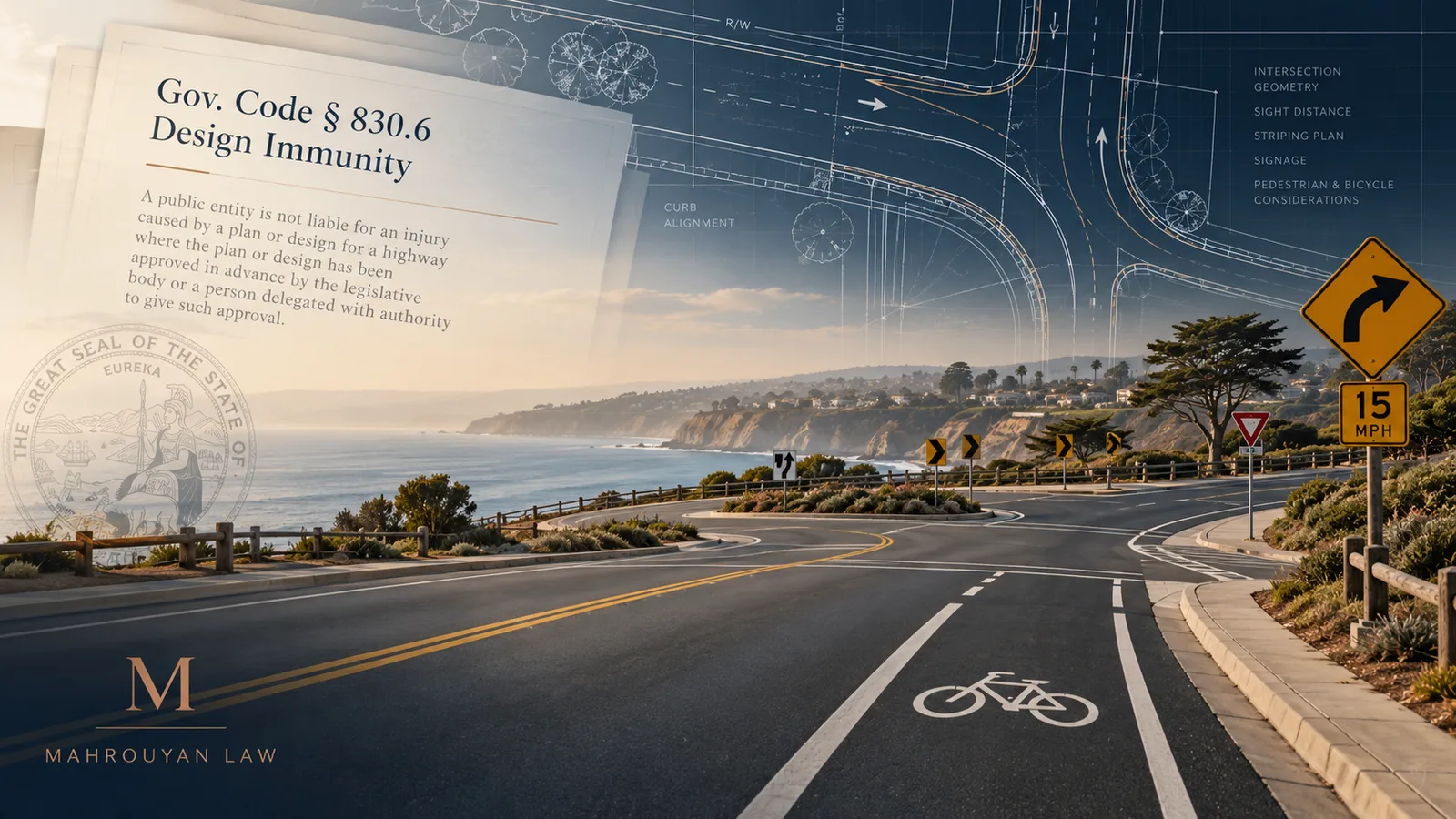 California roadway with bicycle markings, warning signs, roadway plans, and Government Code section 830.6 design-immunity materials.
