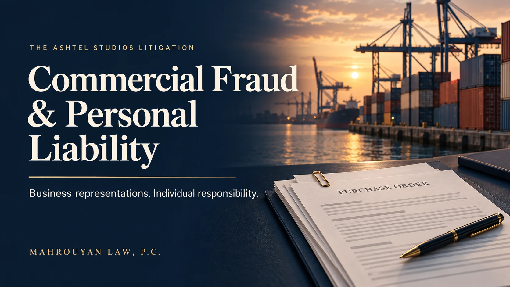 Conceptual shipping containers and purchase-order documents illustrating commercial fraud and personal liability.