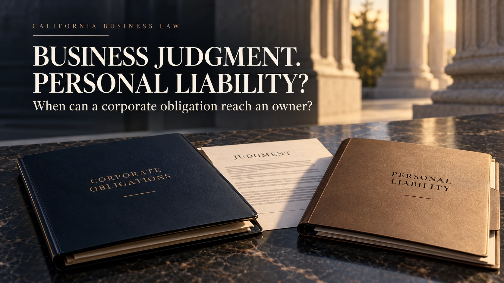 Separate folders labeled corporate obligations and personal liability beside a judgment document.