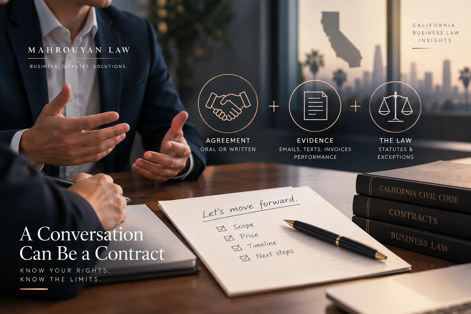 Businesspeople discussing an agreement beside legal and documentary evidence, illustrating enforcement of verbal contracts in California.