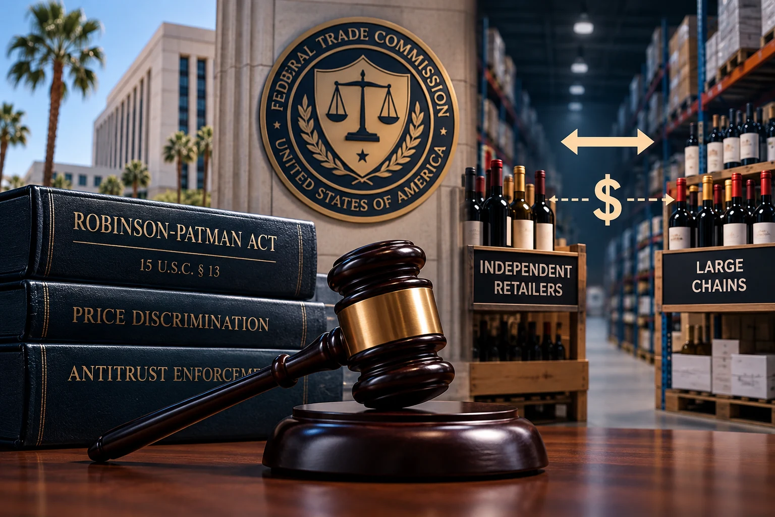 Robinson-Patman Act price-discrimination dispute involving independent retailers, large chains, and federal antitrust enforcement in California