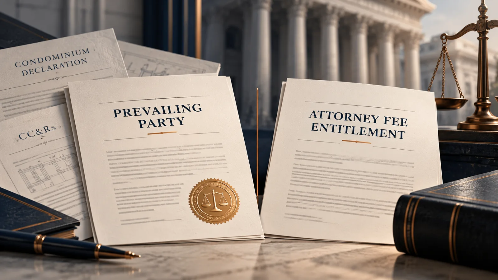 Legal illustration contrasting prevailing-party status with attorney-fee entitlement in a California condominium and CC&R dispute.