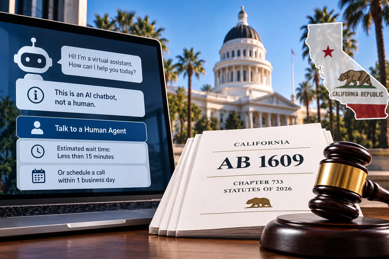 Editorial illustration of an AI customer-service chatbot, human-agent option, and California AB 1609.