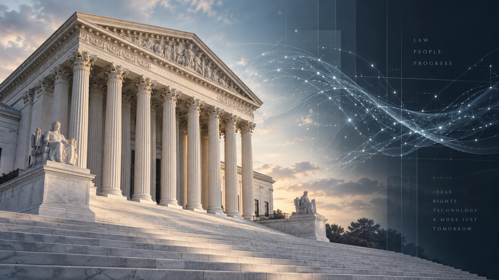 Editorial illustration of a courthouse merging with artificial-intelligence network imagery, representing AI and copyright law.