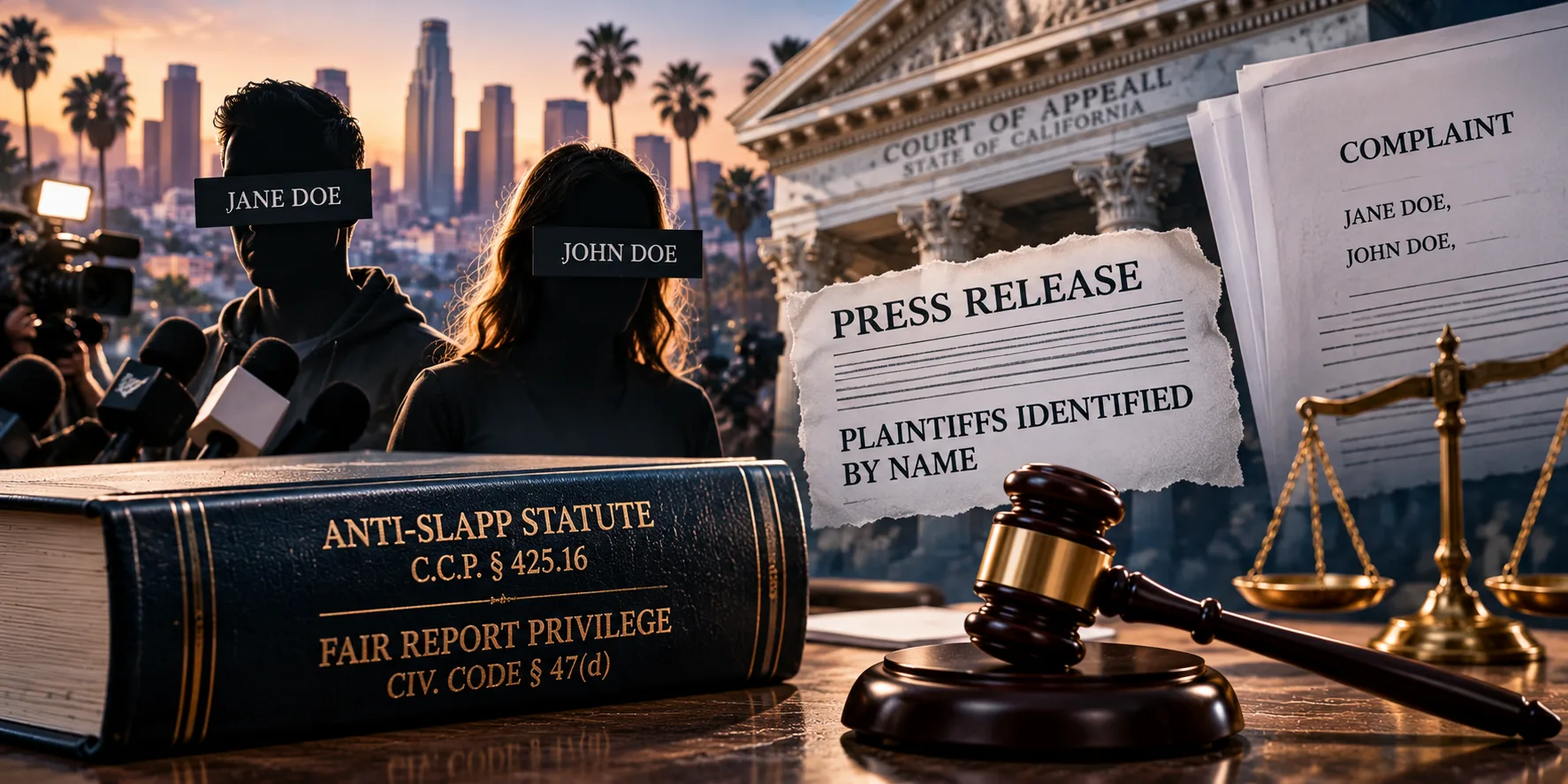 Illustrative editorial graphic showing pseudonymous civil litigation, a public statement, California anti-SLAPP law, and the fair report privilege