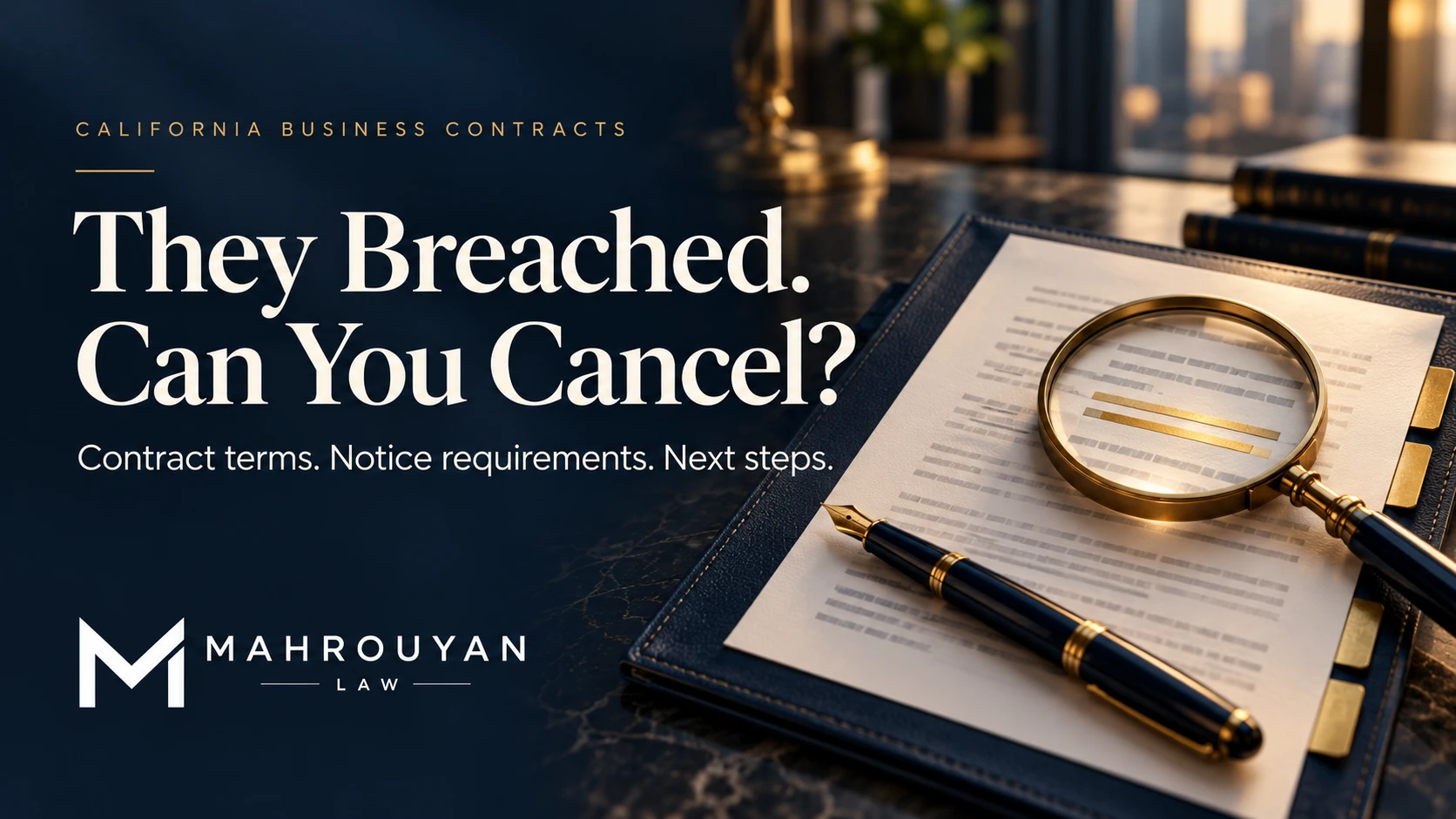 Conceptual contract documents and magnifying glass illustrating review of California contract termination terms.