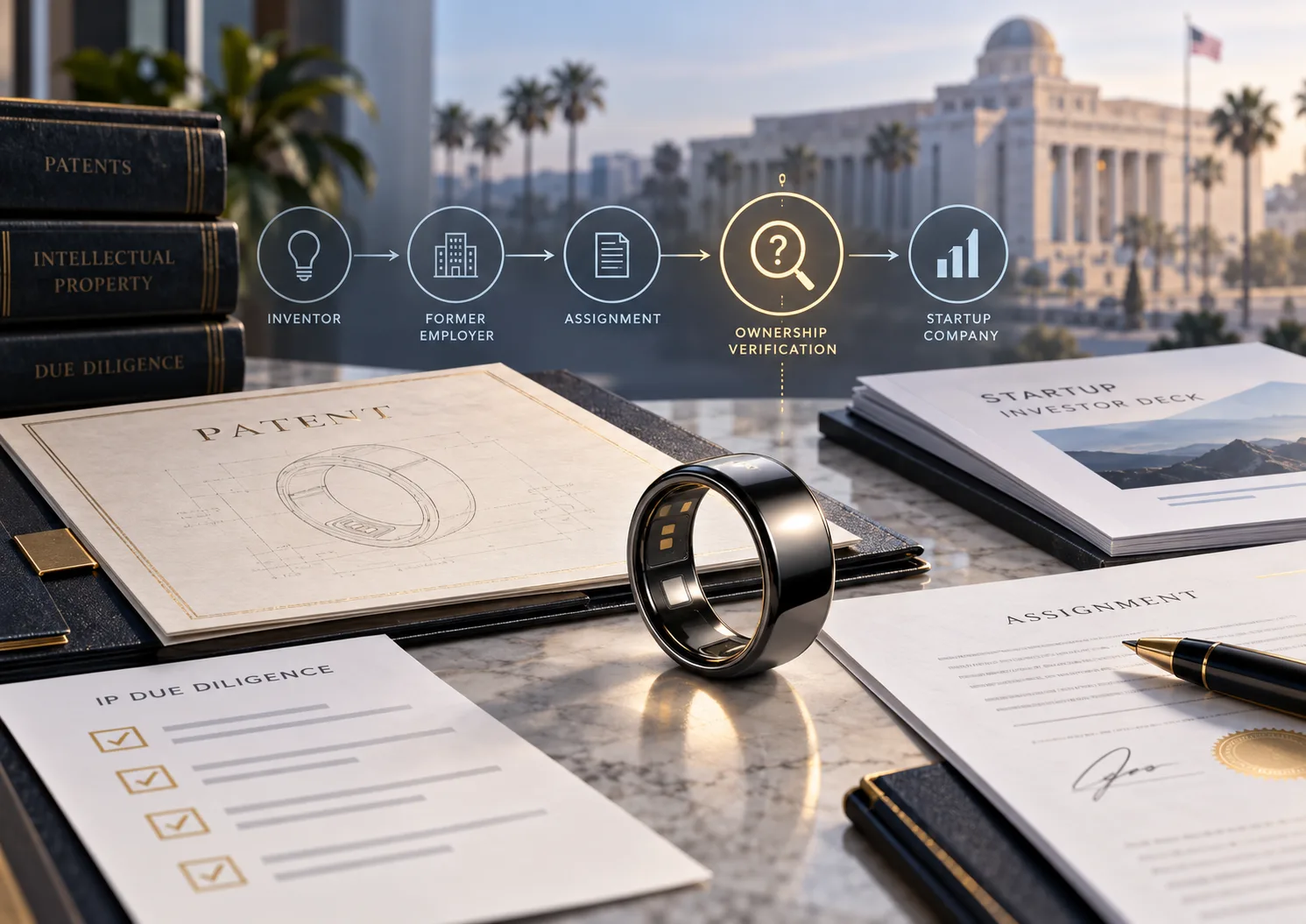 Editorial illustration of a smart ring, patent documents, assignment paperwork, and a startup intellectual-property ownership chain.