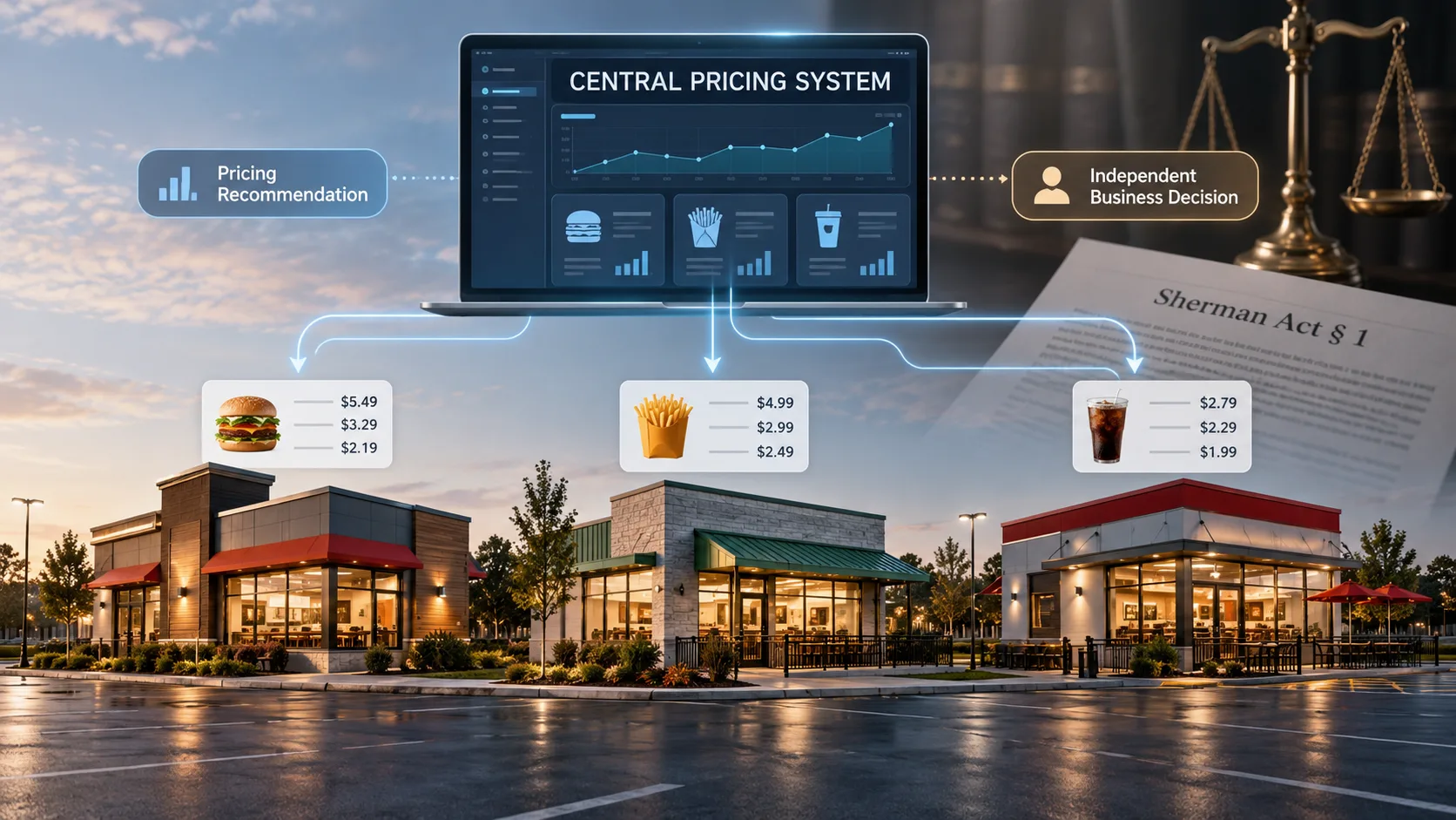 Illustrative editorial graphic showing a centralized pricing system providing recommendations to independently operated restaurants