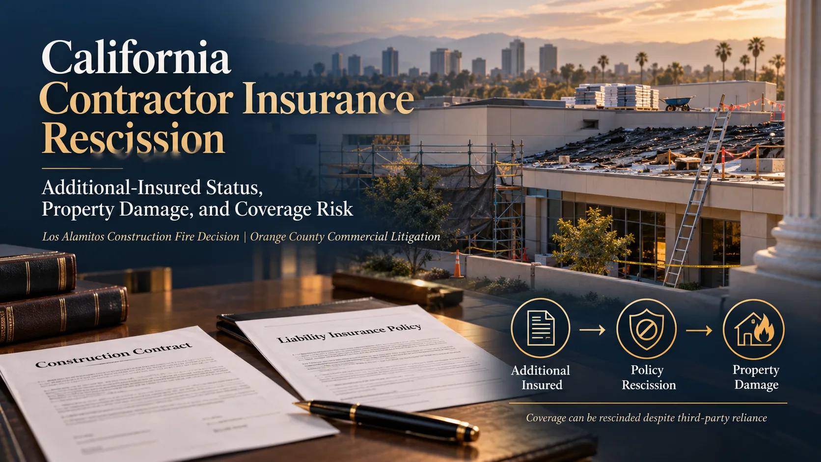 Editorial illustration of a commercial building undergoing roof renovation, construction contracts, liability insurance documents, and the legal risks of policy rescission.