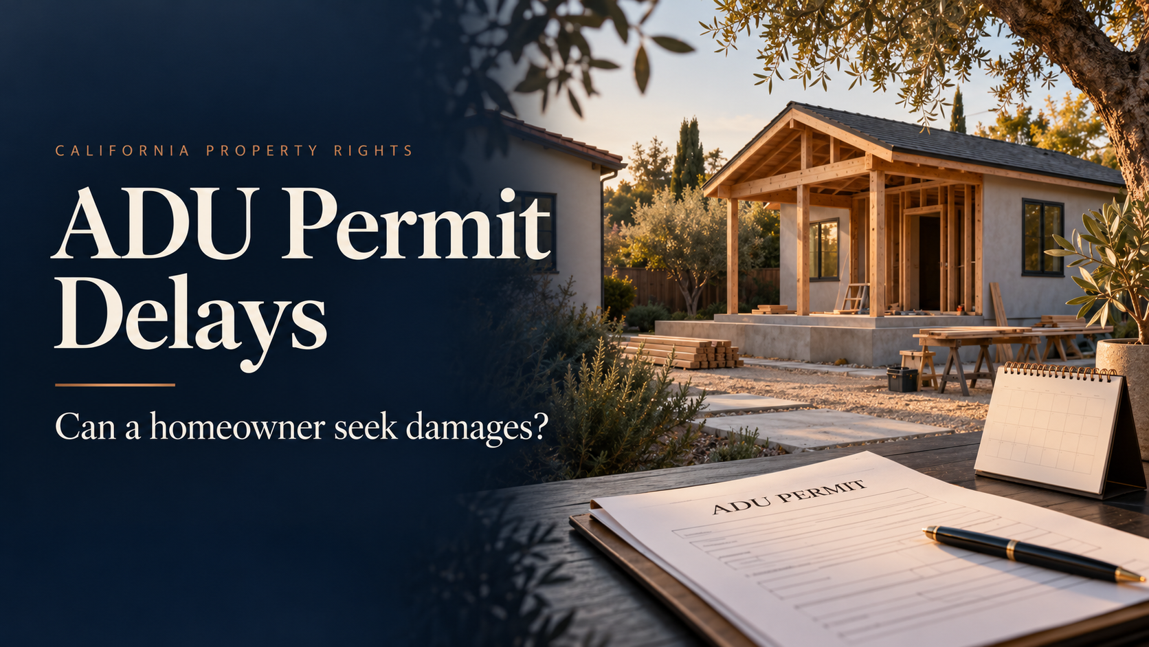 Backyard ADU under construction beside a permit document and calendar, illustrating permitting delays and potential homeowner remedies.
