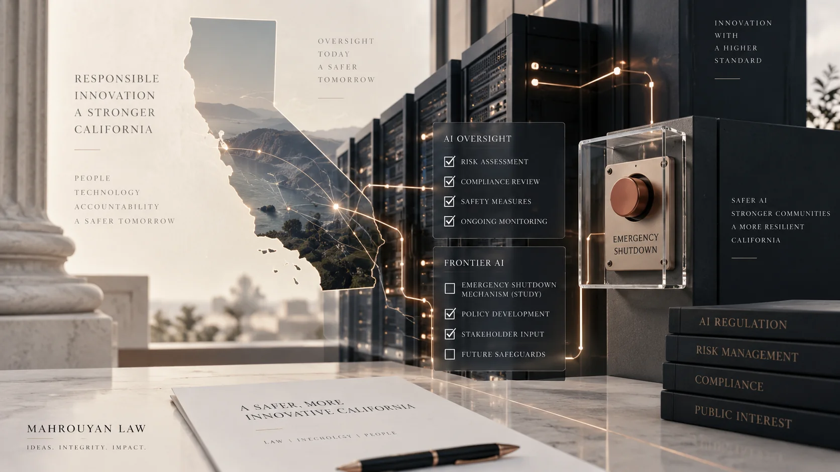 California map, AI server infrastructure, compliance review elements, and an illustrative emergency-shutdown control representing California AI regulation.