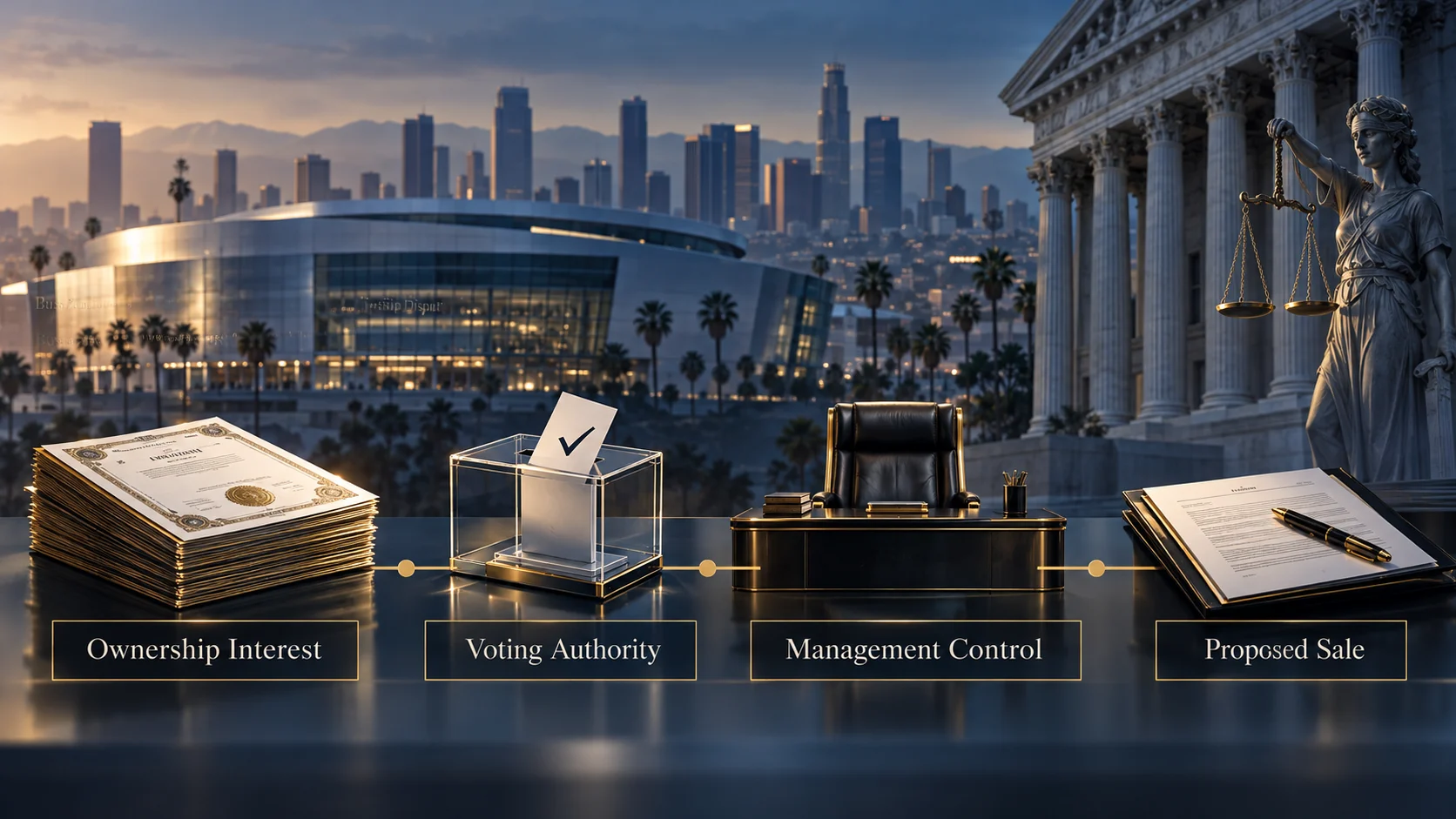 Illustrative business-governance graphic showing ownership interest, voting authority, management control, and a proposed equity sale in Los Angeles