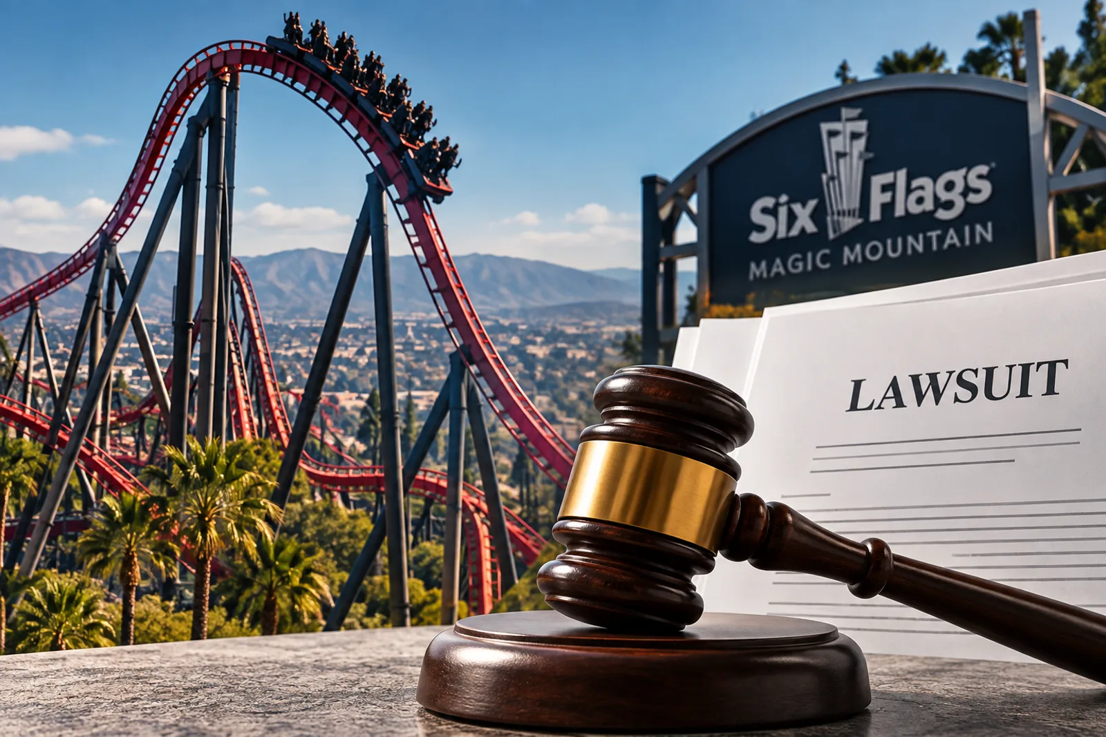 Editorial illustration of a roller coaster, gavel, and lawsuit filing accompanying an article about California amusement-park ride liability.