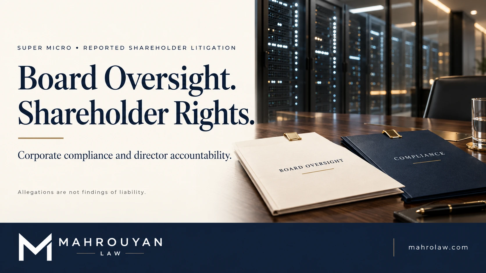 Conceptual boardroom and server racks illustrating board oversight, compliance, and shareholder rights.