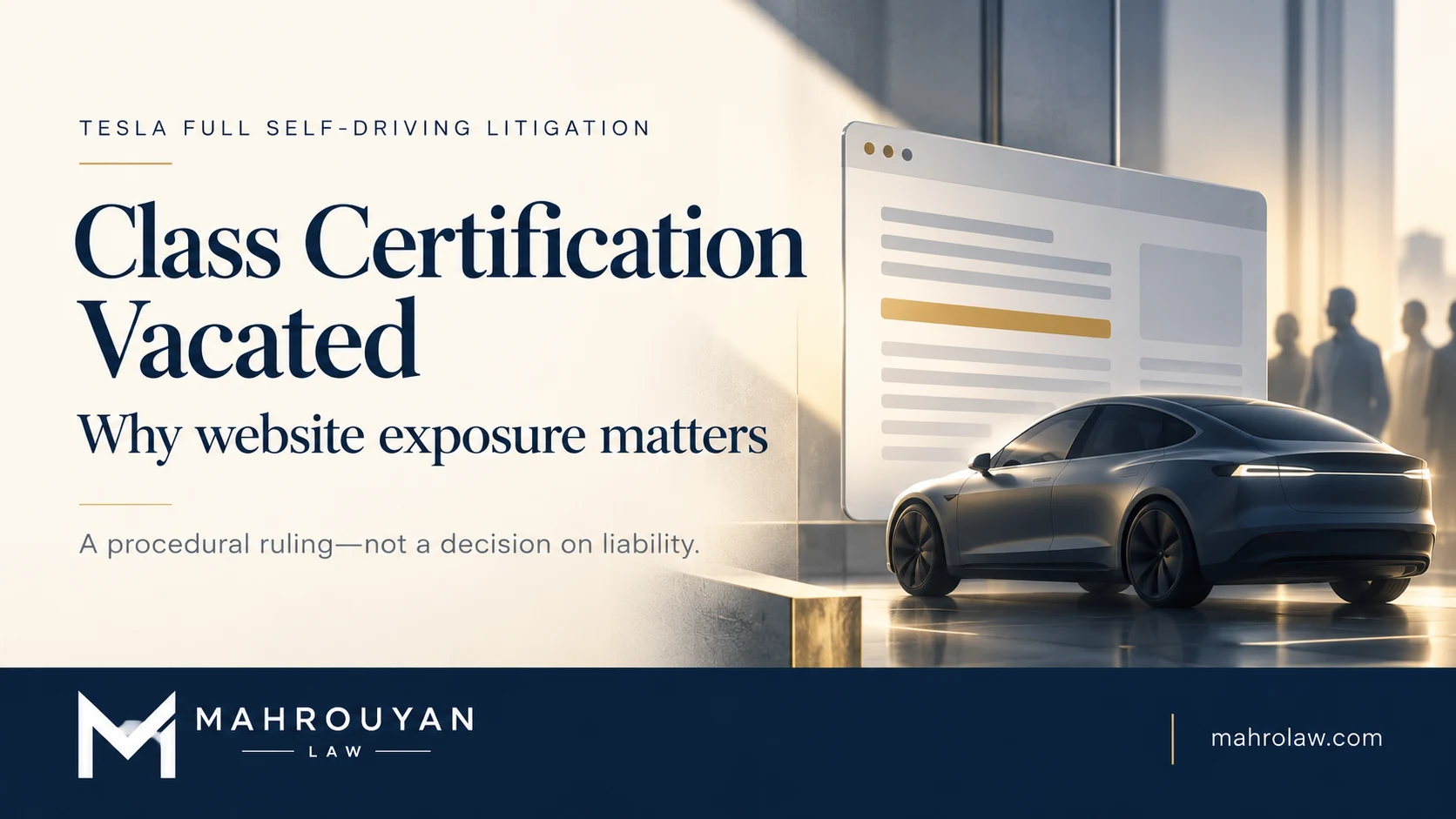 Conceptual vehicle and webpage illustration accompanying an article about class certification in Tesla’s Full Self-Driving litigation.