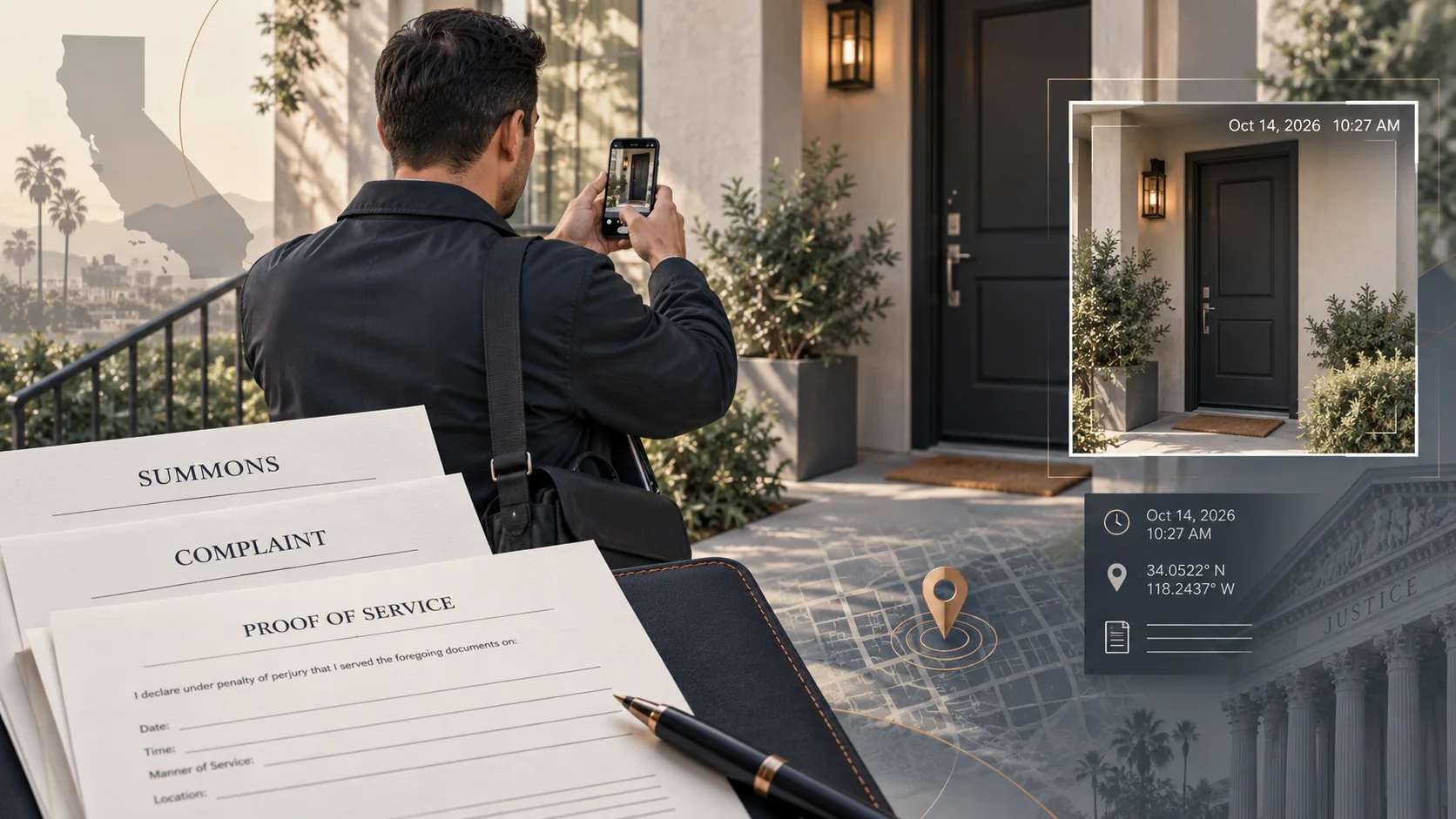 Process server photographing a California residence with summons, complaint, timestamp, and GPS documentation.
