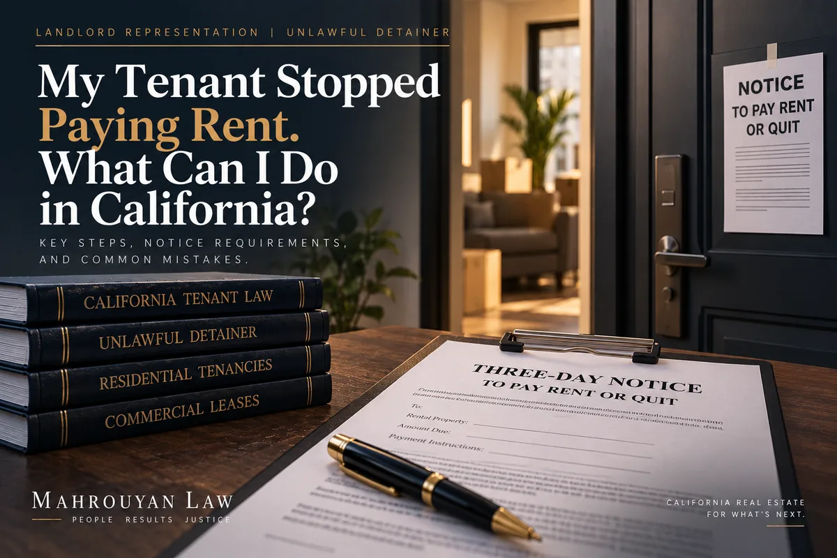 California landlord three-day notice to pay rent or quit displayed beside unlawful-detainer and tenancy-law materials.
