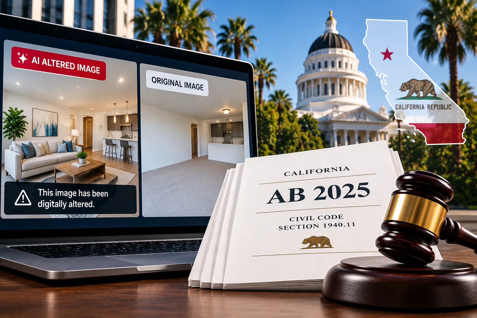 Editorial illustration comparing an original rental property image with an AI-altered image under California AB 2025.