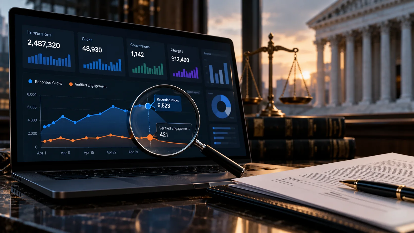 Generic advertising-analytics dashboard under a magnifying glass beside scales of justice and a courthouse, illustrating disputed advertising metrics