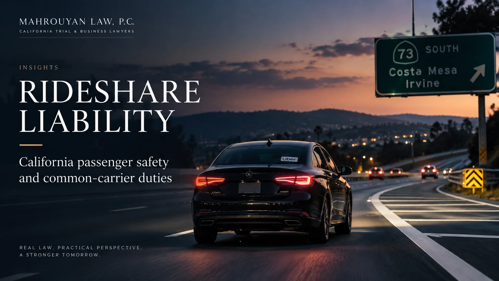Dark rideshare sedan traveling on a Southern California freeway, illustrating California rideshare liability.