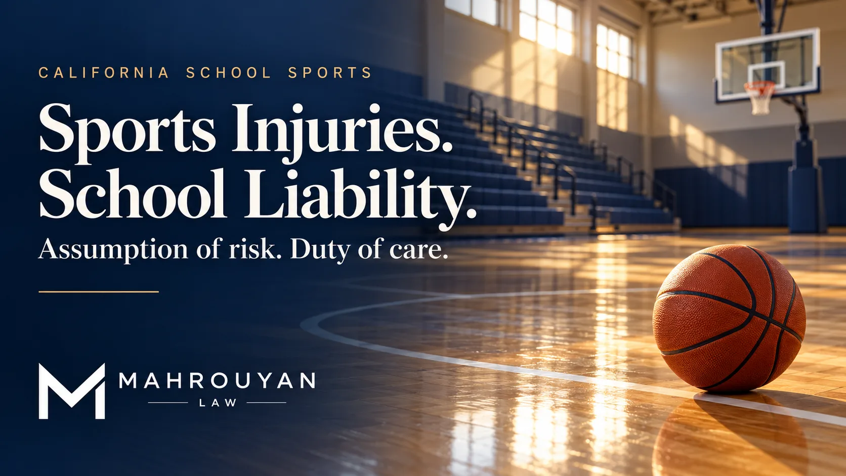 Conceptual illustration of an empty basketball court accompanying an article about California school sports injury liability.
