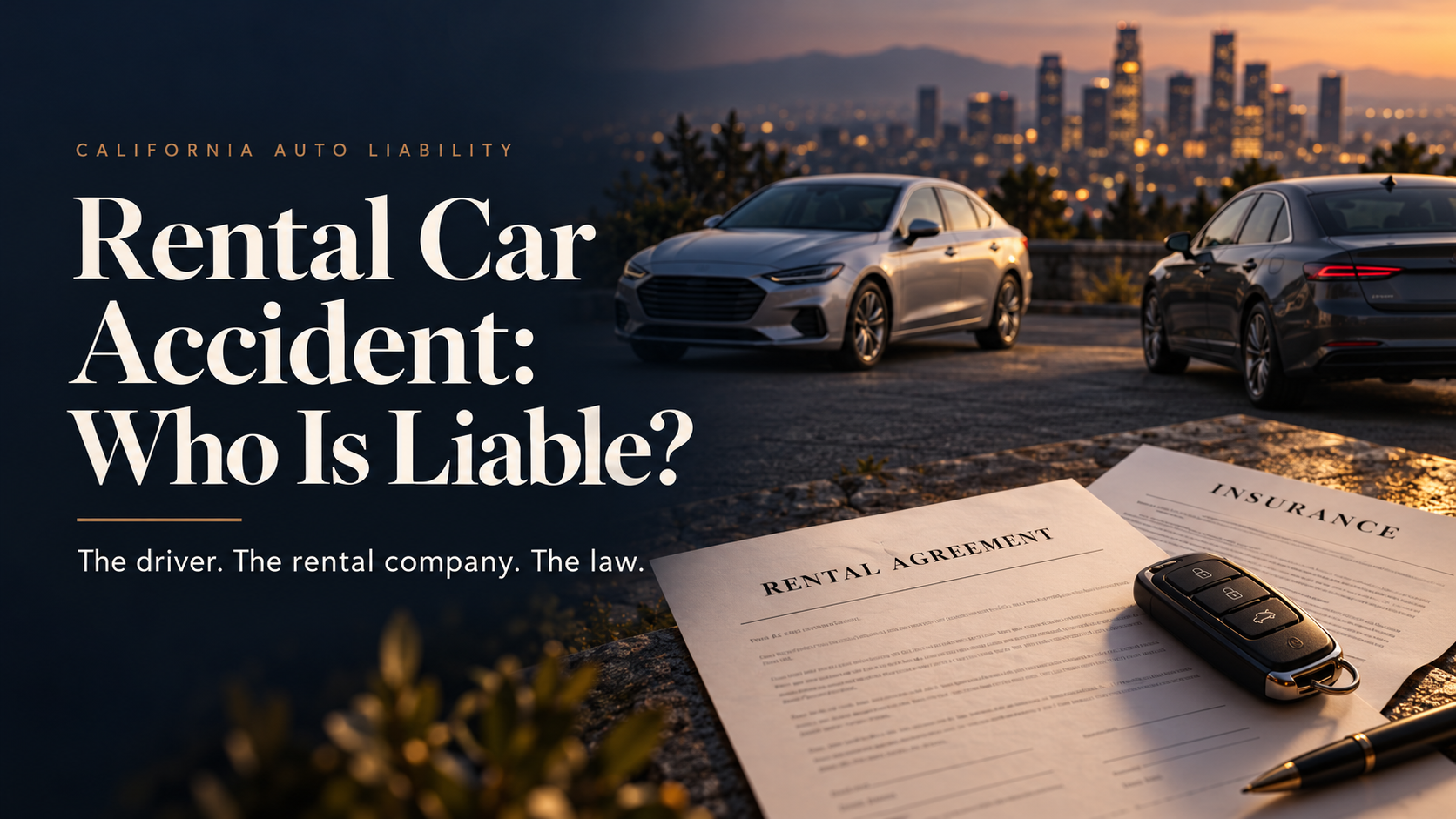 Two passenger vehicles beside rental and insurance documents, illustrating questions of liability after a rental-car accident.