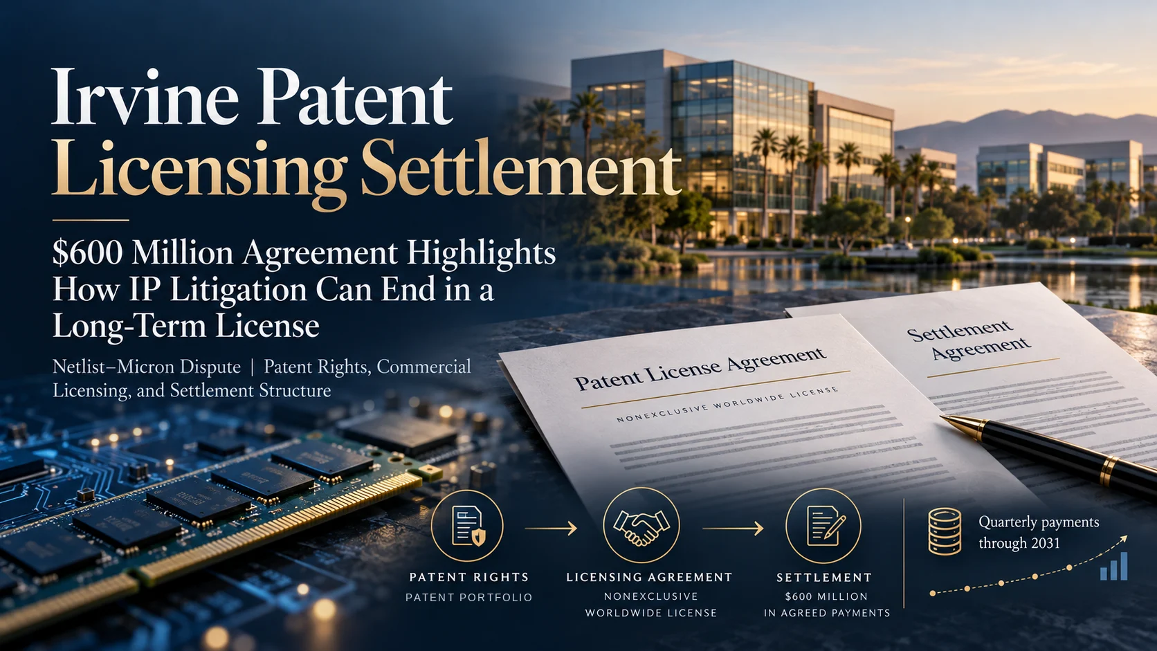Editorial illustration of a patent licensing settlement involving semiconductor technology, commercial licensing agreements, and scheduled payments.