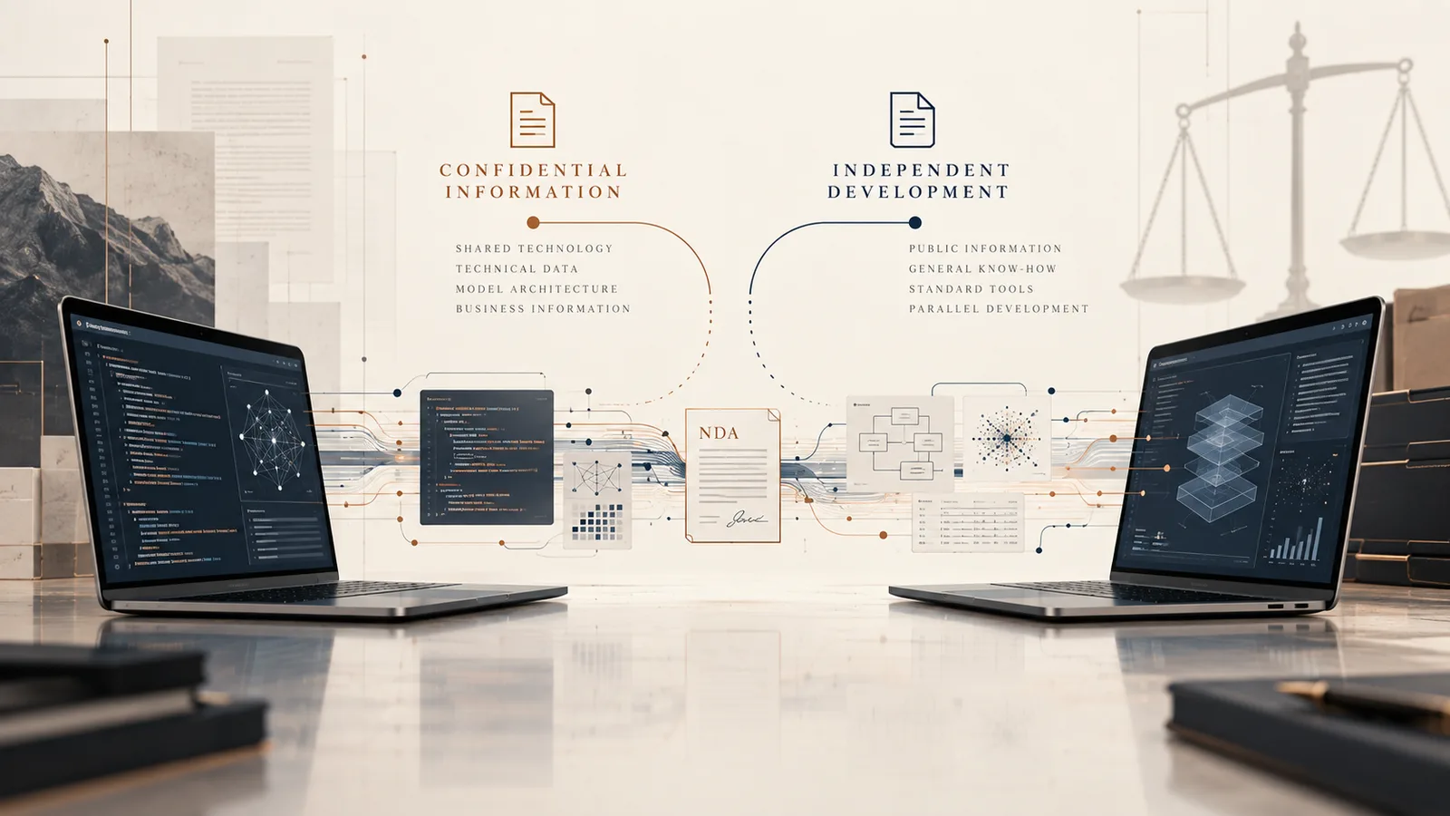 Two startup computers connected through a controlled data-sharing channel, with confidential information, an NDA, and an independent-development pathway.