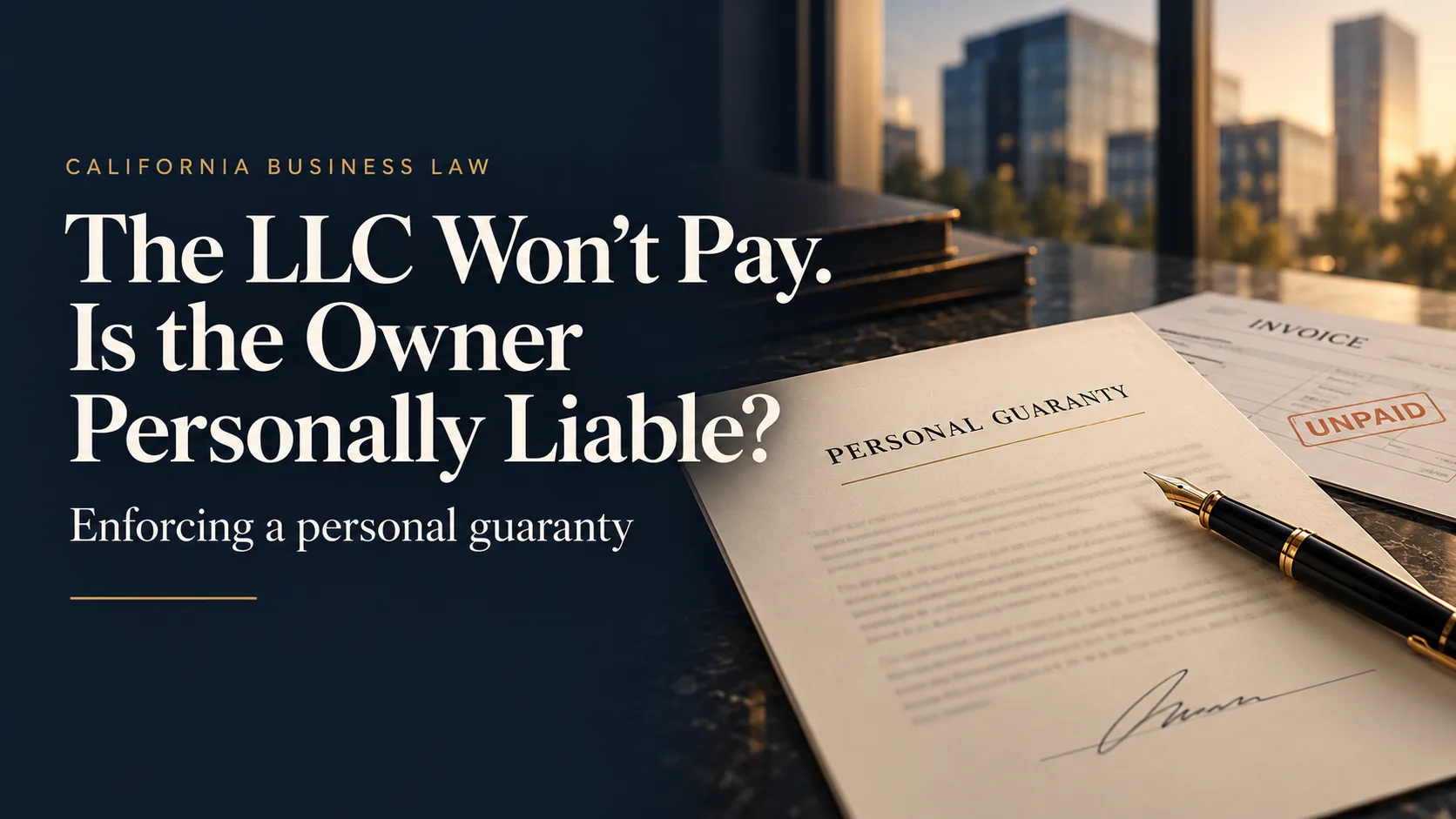 Personal guaranty document beside an unpaid invoice, illustrating potential personal liability for an LLC’s debt.