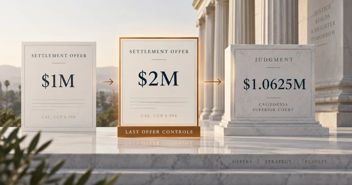 Illustration comparing California settlement offers of $1 million and $2 million with a $1.0625 million judgment, highlighting the last offer.